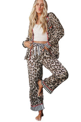 Khaki Leopard Print Colorblock Striped Patchwork Shirt and Pants Pajama Set