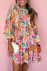Pink Palm Paradise Floral Bell Sleeve Loose Mini Dress