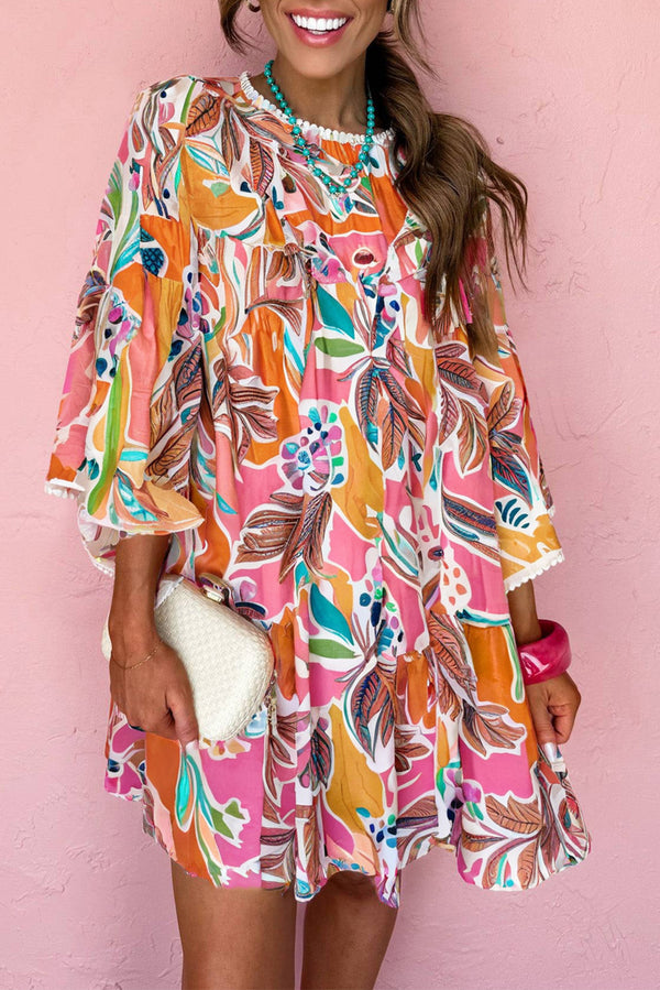 Pink Palm Paradise Floral Bell Sleeve Loose Mini Dress