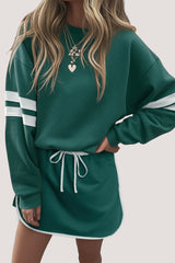 Fiery Red Varsity Stripe Detail Drop Shoulder Pullover Mini Skirt Set
