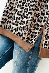 Khaki Leopard Contrast Trim Short Sleeve Loose Plus Size Top