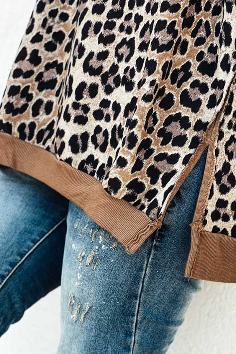 Khaki Leopard Contrast Trim Short Sleeve Loose Plus Size Top