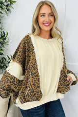 Beige Raw Seam Color Block Leopard Patchwork Baggy Long Sleeve Top