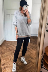 Parchment Varsity Contrast Trim V Neck Sweatshirt