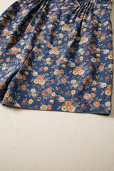 Blue Retro Floral Print Bow Tie V Neck Sleeveless Pleated Loose Denim Romper