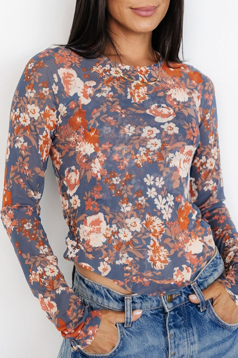 Green Floral Print Mesh Long Sleeve Top