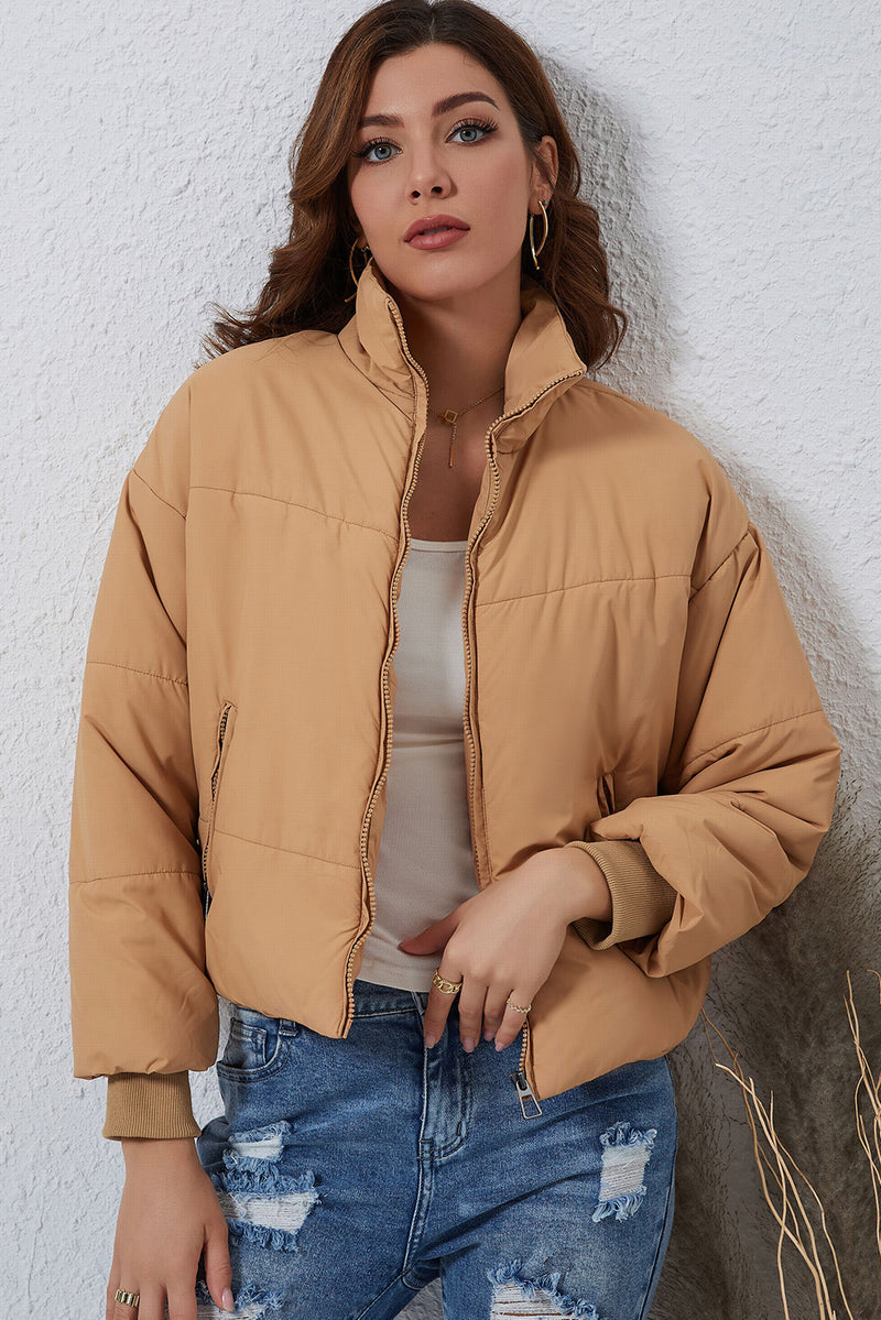 Black Solid Zip Up Pocketed Puffer Coat