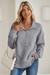 Beige Solid Textured Half Zipper Collared Sweatshirt