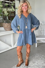 Myosotis Denim Puff Sleeve V Neck Ruffled Loose Mini Dress