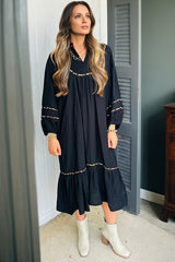 Black Contrast Leopard Trim Split Neck Long Sleeve Casual Midi Dress
