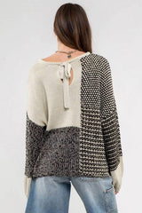 Pink Patchwork Tie Back Drop Shoulder Knit Sweater
