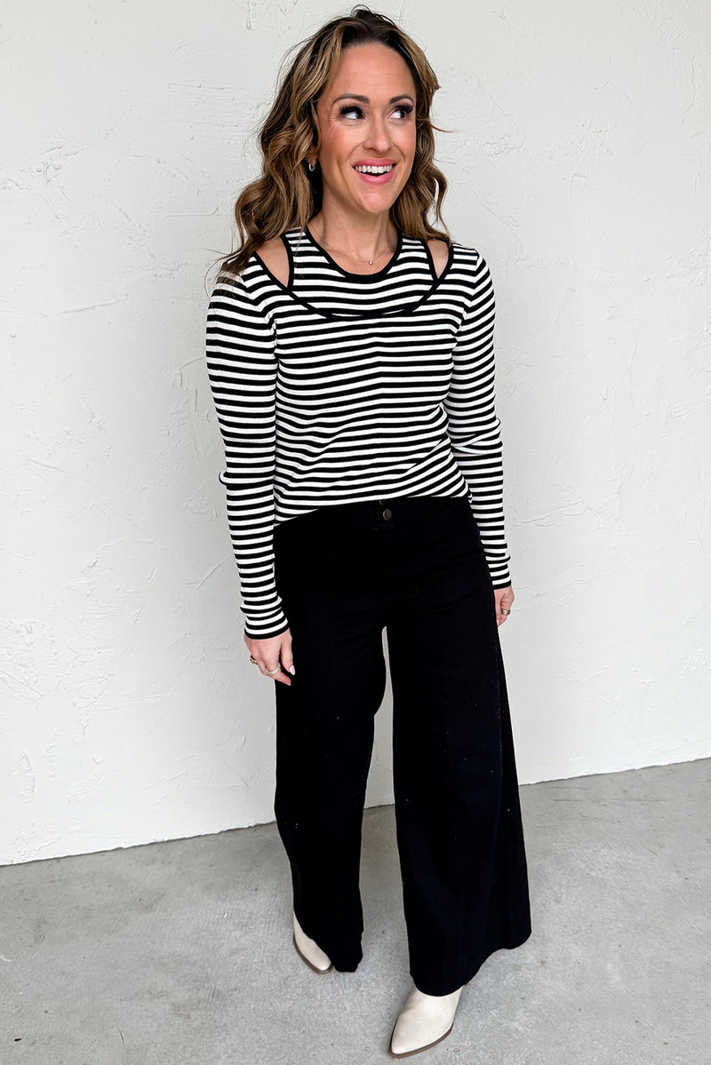 Black Striped Cutout Long Sleeve Top