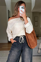 Old Rose Solid Color Waffle Knit Asymmetric Neck Long Sleeve Top