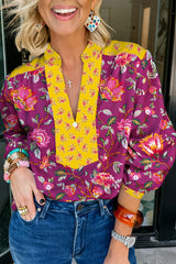 Rose Contrast Placket Split V Neck Floral Blouse