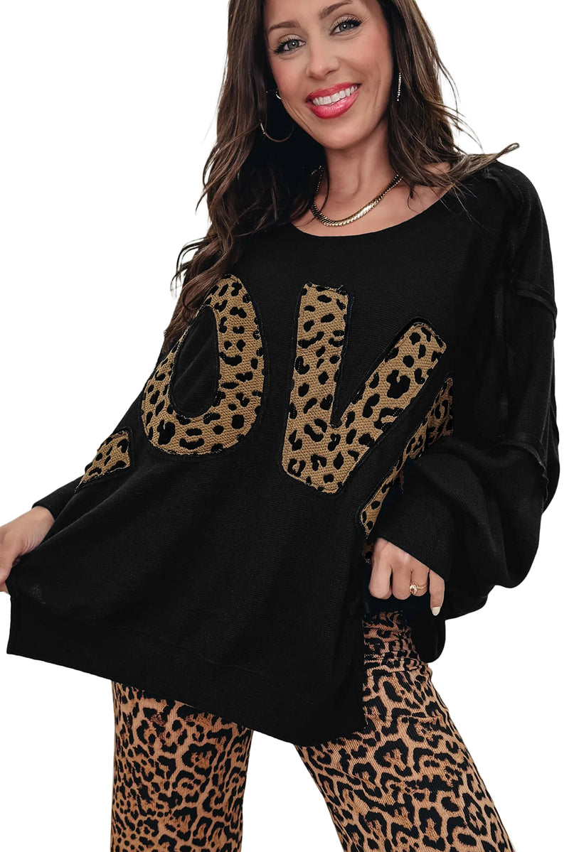 Black Oversized Leopard LOVE Letter Graphic Round Neck Sweatshirt