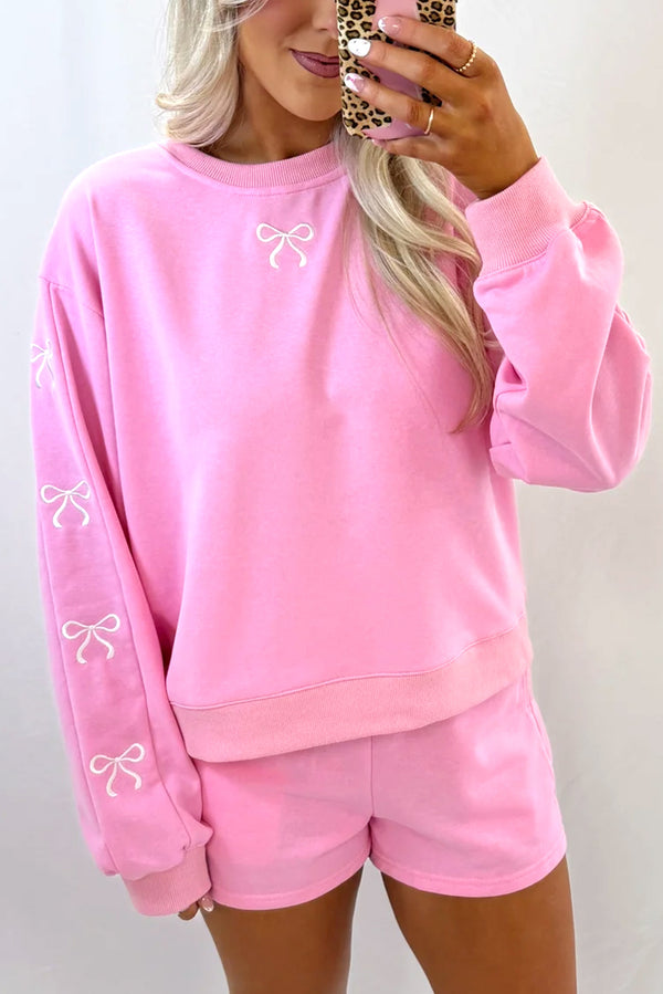 Sachet Pink Bow Embroidery Long Sleeve Pullover and High Waist Shorts Set