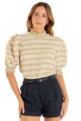 Beige Textured Frill Trim Smocked Puff Sleeve T Shirt
