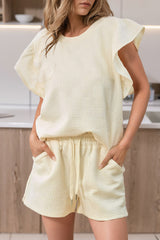 Black Textured Ruffle Sleeve Tee and Drawstring Shorts Set