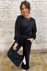 Black Textured Chest Pocket Drop Sleeve Top and Pants Set