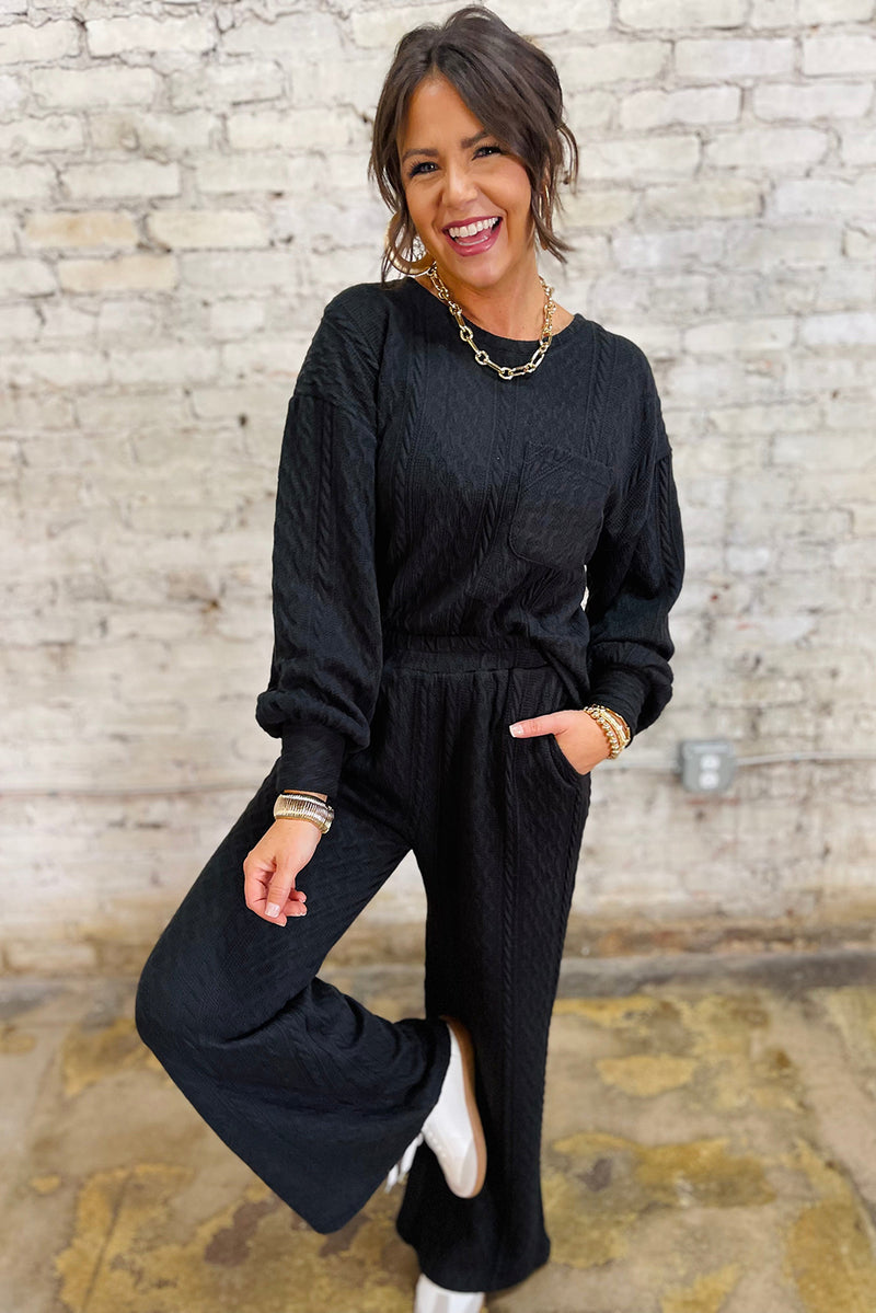 Black Textured Chest Pocket Drop Sleeve Top and Pants Set