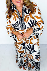 White Plus Size Abstract Print Contrast Collar Split Neck Shift Long Dress