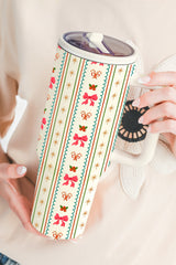 White Christmas Sweet Bow Print Travel Mug with Handle and Straw