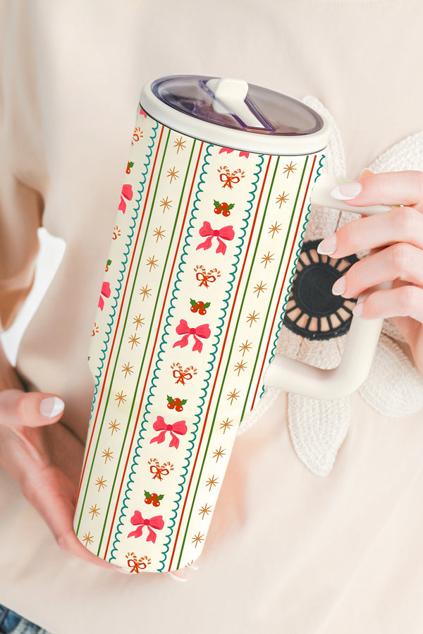 White Christmas Sweet Bow Print Travel Mug with Handle and Straw