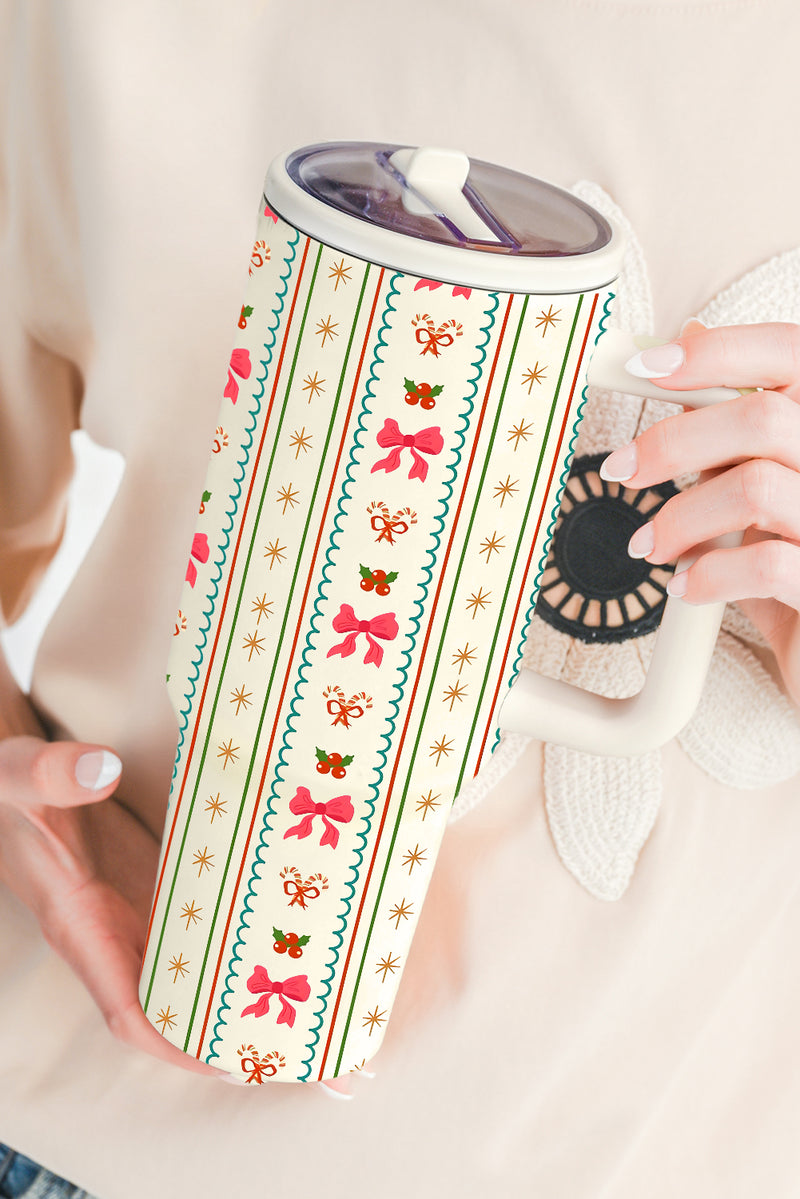 White Christmas Sweet Bow Print Travel Mug with Handle and Straw