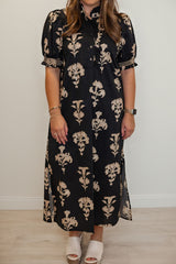 Black Floral Print Frilled Collar Short Puff Sleeve Maxi Dress