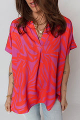 Multicolour Abstract Print V Neck Cuffed Short Sleeve Shift Slit Blouse