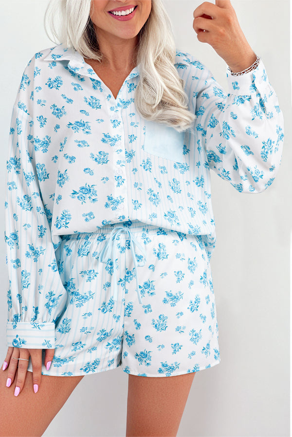 Sky Blue Floral Striped Print Patched Pocket Shirt and Shorts Set