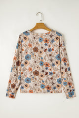 Khaki Allover Floral Print Crew Neck Long Sleeve Top
