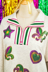 Light Grey Mardi Gras Elements Sequin Patched Striped Patchwork Zip Neck Pullover Sweatshirt