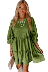 Jungle Green Contrast Stitched V Neck 3/4 Sleeve Swing Mini Dress