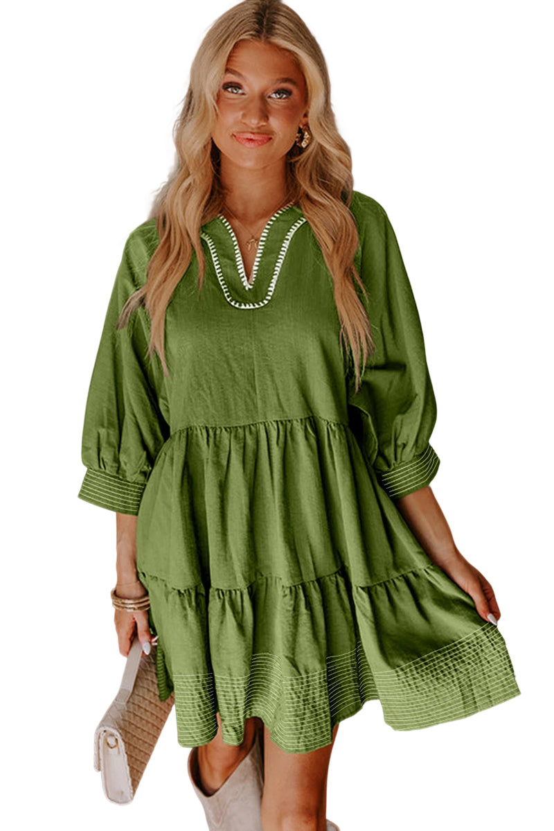 Jungle Green Contrast Stitched V Neck 3/4 Sleeve Swing Mini Dress