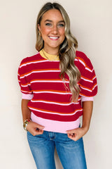 Red Stripe Colorblock Trim Half Sleeve Sweater Top