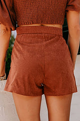 Clay Button Decor Scalloped Edge High Waist Corduroy Shorts