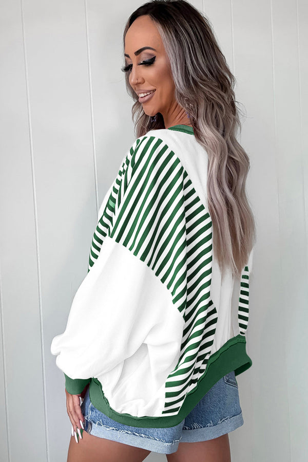 Green Striped Colorblock Patchwork Oversized Sweatshirt