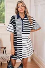 Black Striped Patchwork Collared Mini Dress