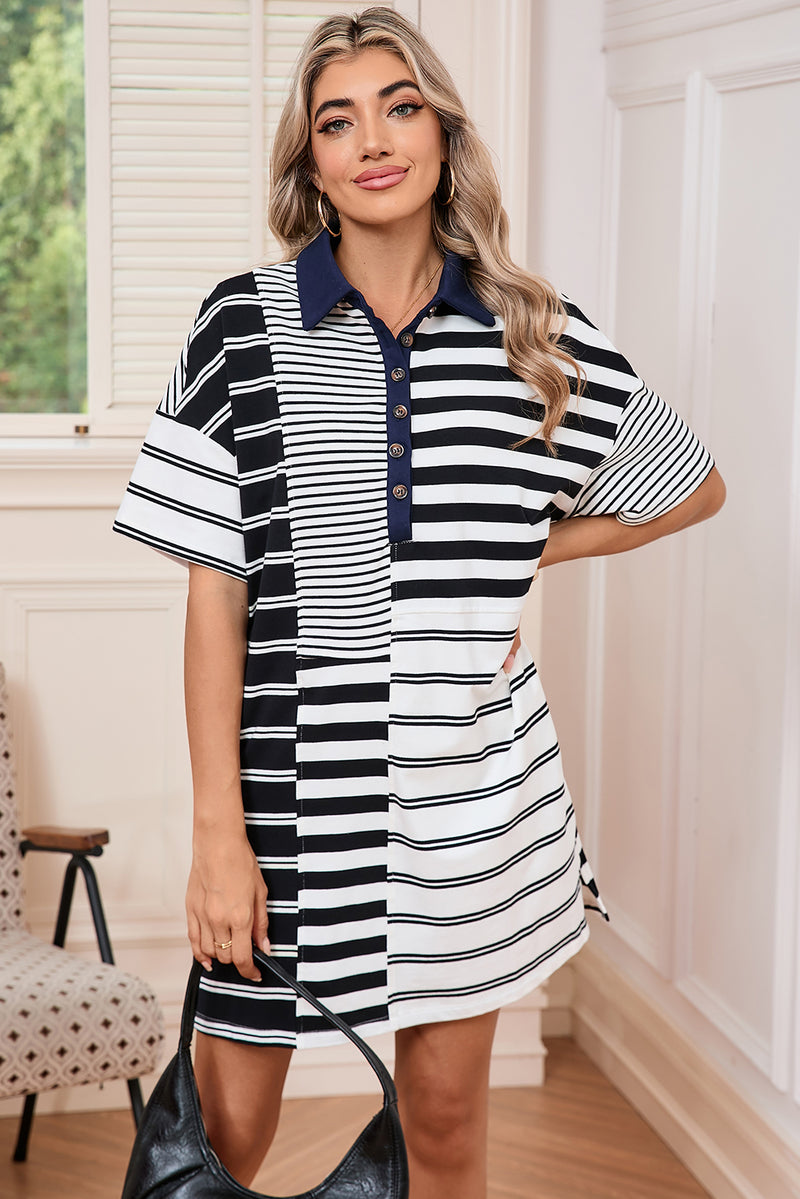 Black Striped Patchwork Collared Mini Dress