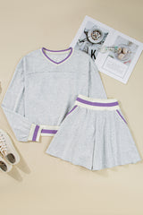 Light Grey Contrast Trim Striped Loose Sweatshirt and Skort Set