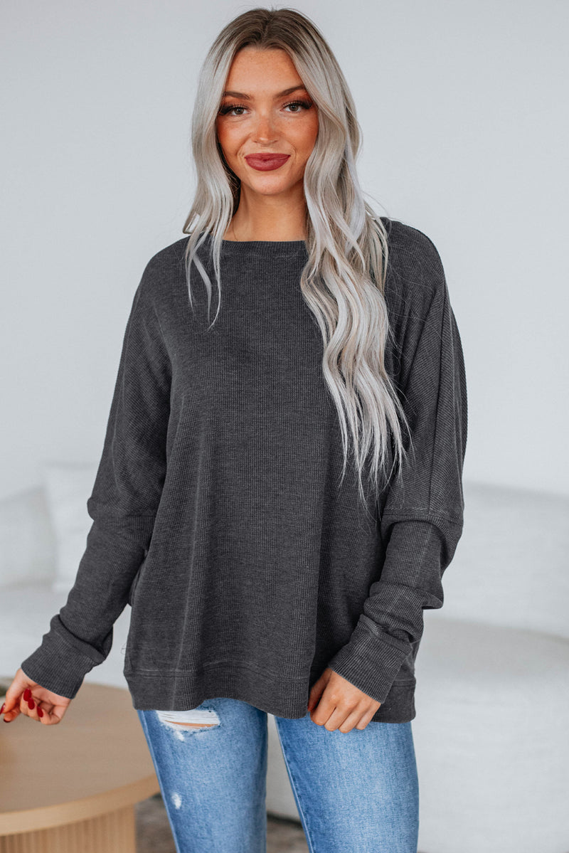 Mist Green Ribbed Plain Long Sleeve Loose Top