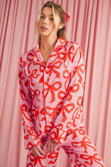 Pink Allover Bow Print Button Up and Loose Pants Pajama Set