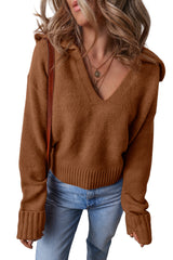 Racing Red Ribbed Edge Collared V Neck Loose Fit Sweater