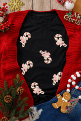 Black Candy Cane Sequins Patch Pattern Christmas T Shirt