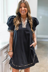 Black Leopard Trim Notched Neck Short Puff Sleeve Mini Dress