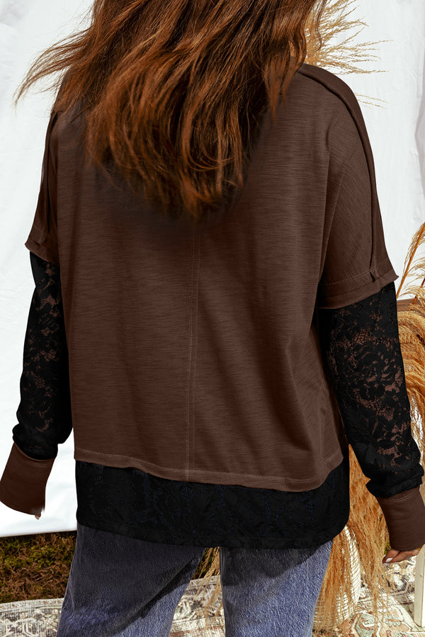 Dark Brown Sheer Lace Patchwork Casual Long Sleeve Tee