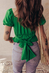 Dark Green Solid Color Ruched Crossed Waist Tied Back Short Sleeve Peplum Top