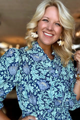 Brown Floral Printed Frilled V Neck Bracelet Sleeve Long Dress