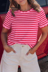 Green Stripe Scalloped Trim Round Neck T Shirt